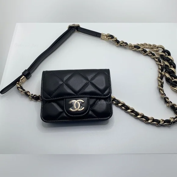Authentic CHANEL Black Lambskin Mini Clutch Belt Waist Bag Gold Hardware - Picture 5 of 15